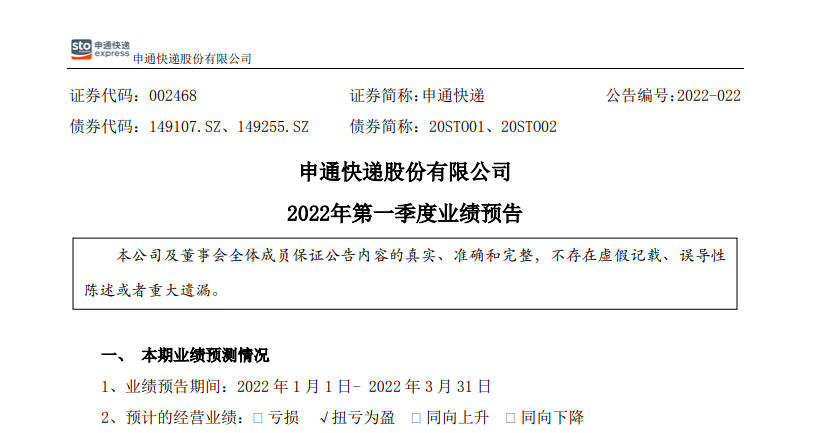 正道经营赢回报！申通快递一季度净利0.9 -1.2亿元，同比增超200%