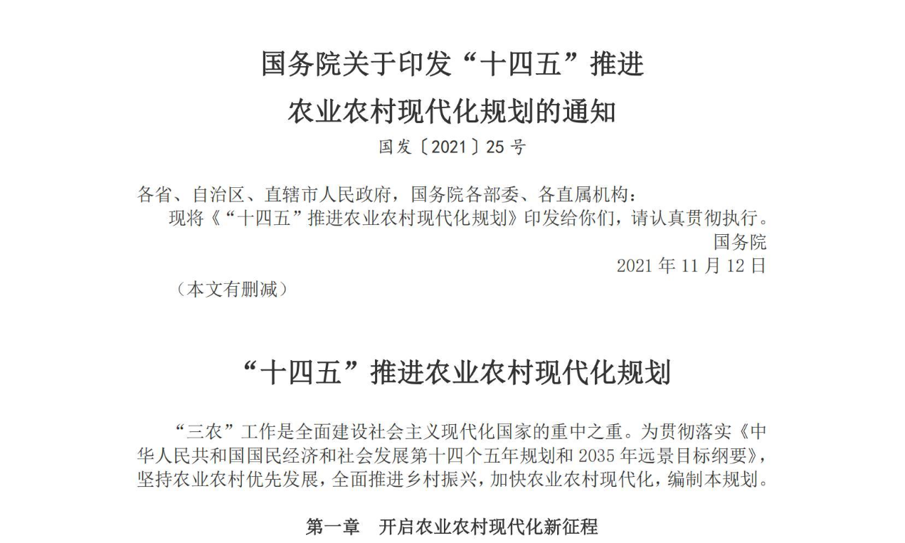 【政策】“十四五”推进农业农村现代化规划