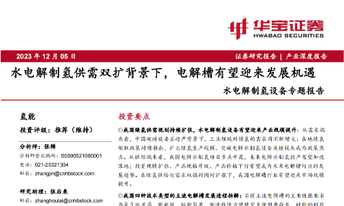 水电解制氢设备专题报告：水电解制氢供需双扩背景下，电解槽有望迎来发展机遇